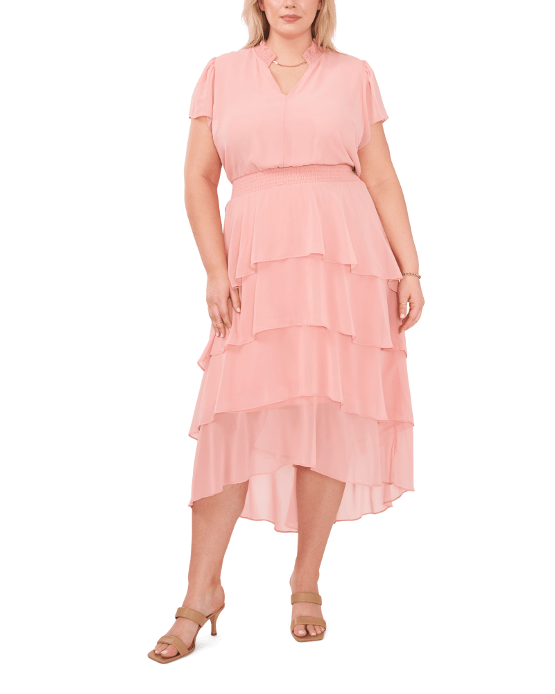 Front of a model wearing a size 0X Sheila Ruffle Tier Maxi in BLUSH-691 by 1.State. | dia_product_style_image_id:262356